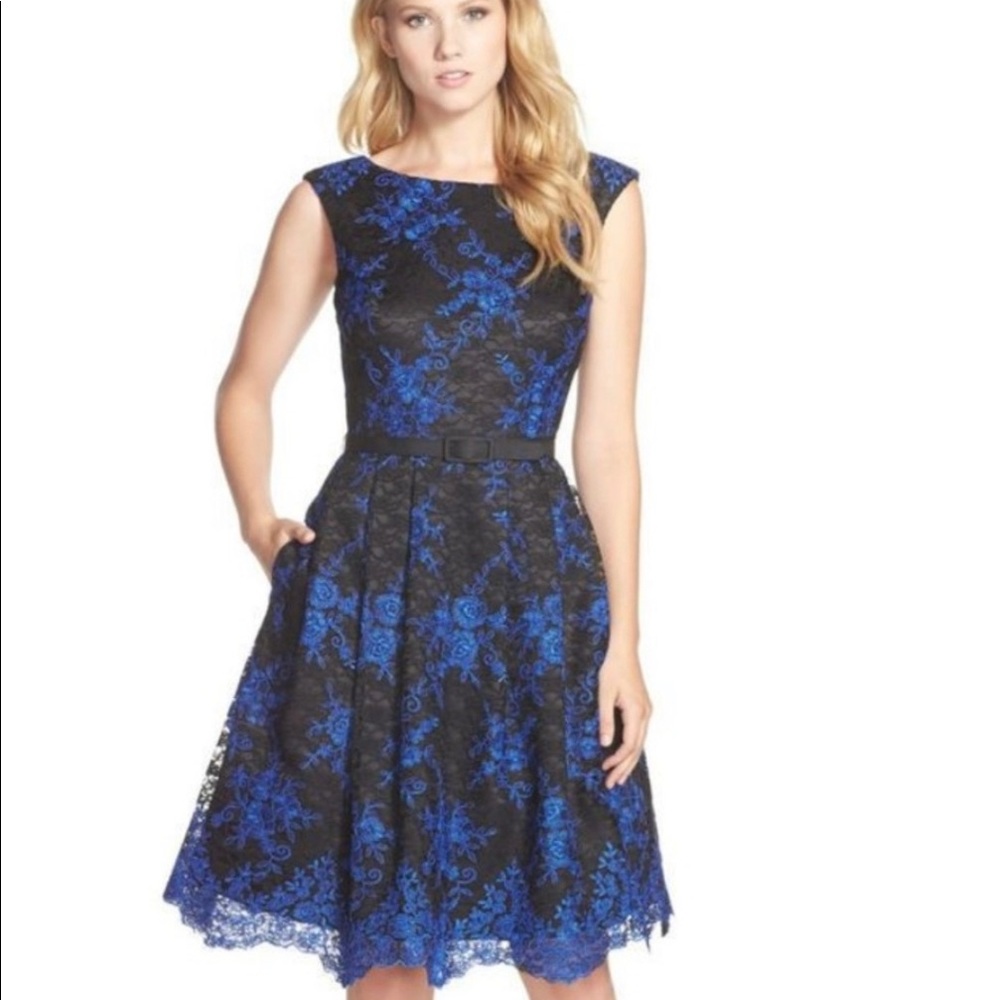 Eliza J cocktail dress with black and blue lace